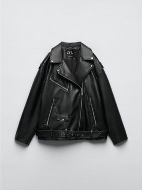Zara Black Faux Leather Moto Jacket with Belt